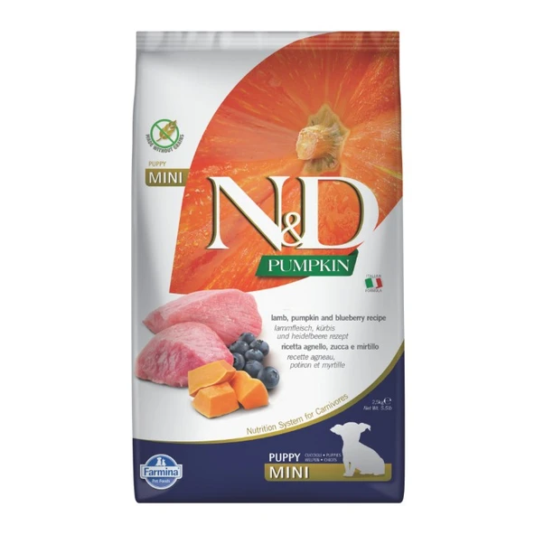 N&D Pumpkin Mini Puppy Bal Kabaklı Kuzu Etli ve Yaban Mersinli Tahılsız Küçük Irk Yavru Köpek Maması 2.5 Kg ürün görseli 1