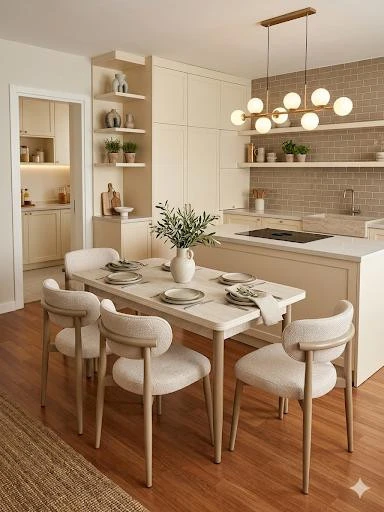 EFE MOBİLYA T-6000 TRAVERTEN MDF 70X120 POLO KREM SANDALYE 4 KİŞİLİK MUTFAK MASA TAKIMI ürün görseli 1