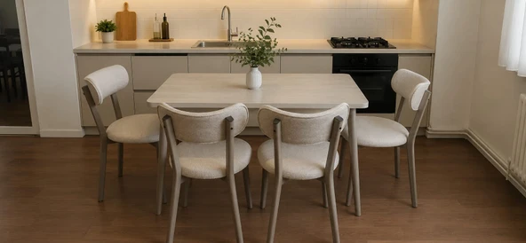 EFE MOBİLYA T-6010 TRAVERTEN MDF 70X120 TEDDY KREM SANDALYE 4 KİŞİLİK MUTFAK MASA TAKIMI ürün görseli 1