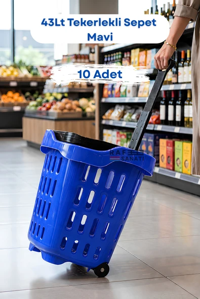 10 Adet - 43 LT Tekerlekli Market Sepeti | Plastik Alışveriş Sepeti Ergonomik Çift Saplı Mavi ürün görseli 1