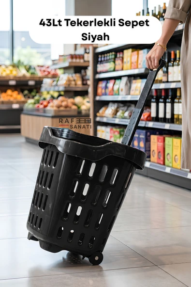43 LT Tekerlekli Market Sepeti | Plastik Alışveriş Sepeti Ergonomik Çift Saplı Siyah ürün görseli 1