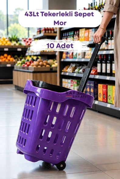 10 Adet - 43 LT Tekerlekli Market Sepeti | Plastik Alışveriş Sepeti Ergonomik Çift Saplı Mor ürün görseli 1