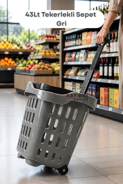 43 LT Tekerlekli Market Sepeti | Plastik Alışveriş Sepeti Ergonomik Çift Saplı Gri ürün görseli 1