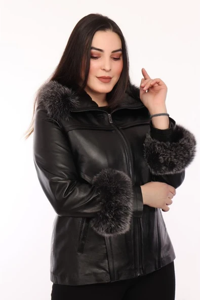 Hakiki Deri Siyah Kol Omuz Kürklü Roxana Kadın Ceket ürün görseli 1
