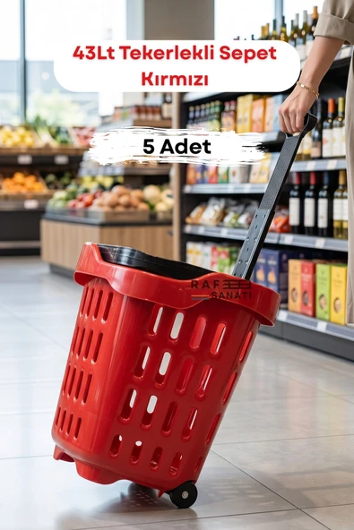 5 Adet - 43 LT Tekerlekli Market Sepeti | Plastik Alışveriş Sepeti Ergonomik Çift Saplı Kırmızı ürün görseli 1