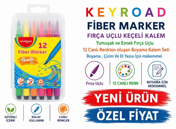Keyroad Fiber Marker Fırça Uçlu Keçeli Kalem 12 Renk ürün görseli 1
