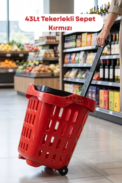 43 LT Tekerlekli Market Sepeti | Plastik Alışveriş Sepeti Ergonomik Çift Saplı Kırmızı ürün görseli 1