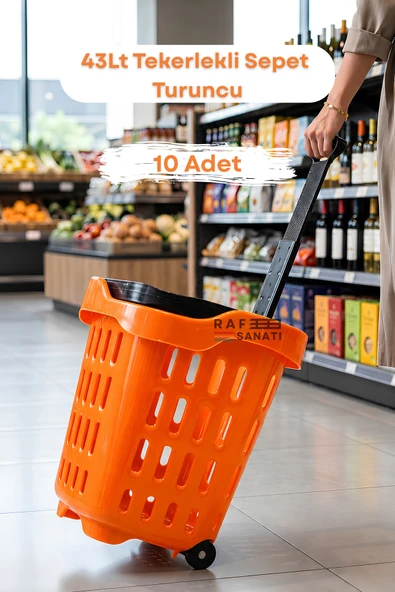 10 Adet - 43 LT Tekerlekli Market Sepeti | Plastik Alışveriş Sepeti Ergonomik Çift Saplı Turuncu ürün görseli 1