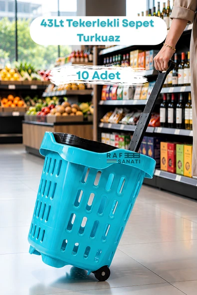 10 Adet - 43 LT Tekerlekli Market Sepeti | Plastik Alışveriş Sepeti Ergonomik Çift Saplı Turkuaz ürün görseli 1