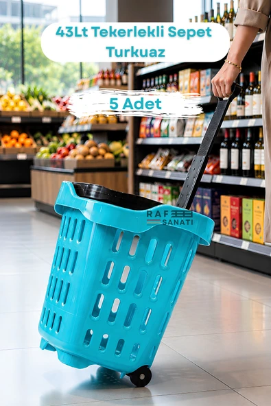 5 Adet - 43 LT Tekerlekli Market Sepeti | Plastik Alışveriş Sepeti Ergonomik Çift Saplı Turkuaz ürün görseli 1