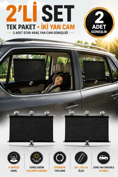 2 Adet Araç Yan Cam Güneşliği Stor 50x125 cm 3 Vantuzlu Otomatik Toplanan Oto Cam Gölgelik Perde UV ürün görseli 1