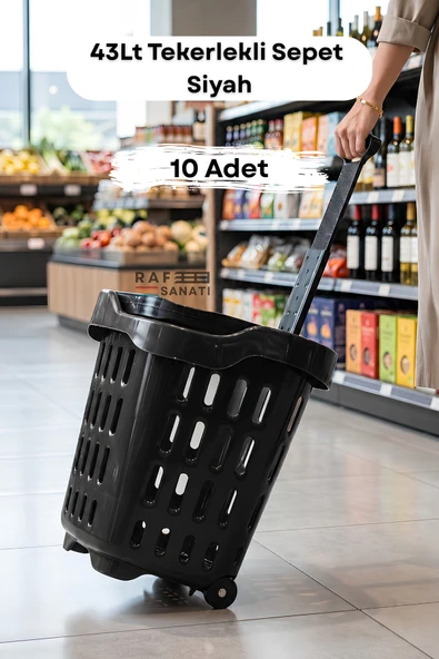 10 Adet - 43 LT Tekerlekli Market Sepeti | Plastik Alışveriş Sepeti Ergonomik Çift Saplı Siyah ürün görseli 1