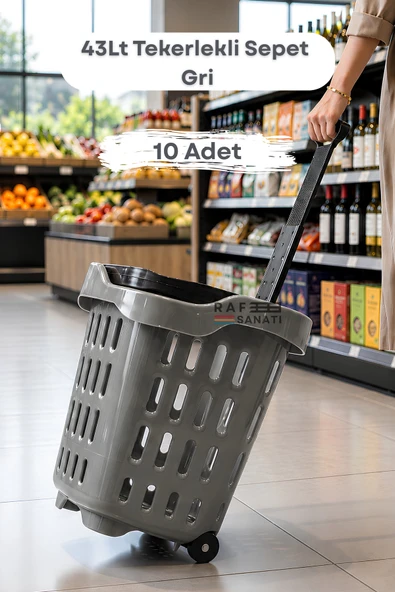 10 Adet - 43 LT Tekerlekli Market Sepeti | Plastik Alışveriş Sepeti Ergonomik Çift Saplı Gri ürün görseli 1