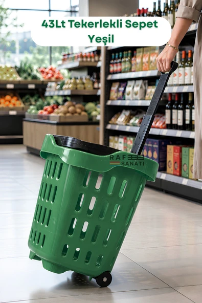 43 LT Tekerlekli Market Sepeti | Plastik Alışveriş Sepeti Ergonomik Çift Saplı Yeşil ürün görseli 1