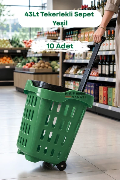 10 Adet - 43 LT Tekerlekli Market Sepeti | Plastik Alışveriş Sepeti Ergonomik Çift Saplı Yeşil ürün görseli 1