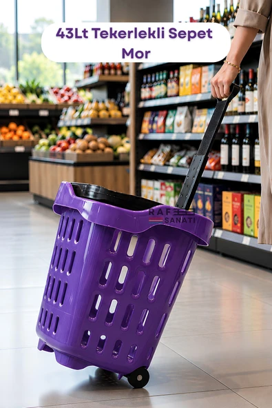 43 LT Tekerlekli Market Sepeti | Plastik Alışveriş Sepeti Ergonomik Çift Saplı Mor ürün görseli 1