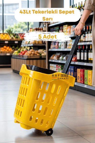 5 Adet - 43 LT Tekerlekli Market Sepeti | Plastik Alışveriş Sepeti Ergonomik Çift Saplı Sarı ürün görseli 1