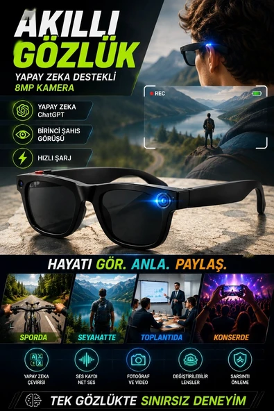 8MP Kameralı ChatGPT Destekli Akıllı Gözlük Yapay Zeka Çeviri ve Ses Kayıt Özellikli ürün görseli 1