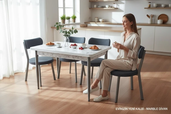 EFE MOBİLYA T-6015 CARARA MDF 70X120 TEDDY ANTRASİT SANDALYE 4 KİŞİLİK MUTFAK MASA TAKIMI ürün görseli 1