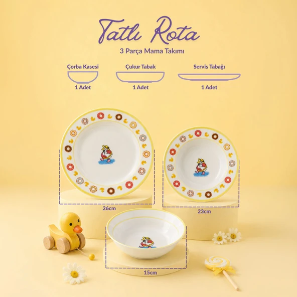 Fecra Tatlı Rota 3 Parça Porselen Mama Takımı - Resim 5