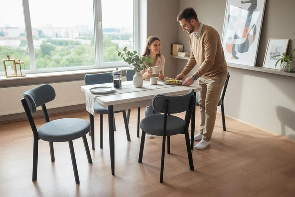 EFE MOBİLYA T-6013 TRAVERTEN MDF 70X120 TEDDY ANTRASİT SANDALYE 4 KİŞİLİK MUTFAK MASA TAKIMI ürün görseli 1