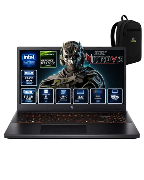 ACER NİTRO V 15 ANV15-52-76BW İ7-13620H 24 GB 512 GB SSD RTX5060 15.6" FHD WİN11PRO GAMİNG LAPTOP NH.QZ8EY.002OKA05 ürün görseli 1