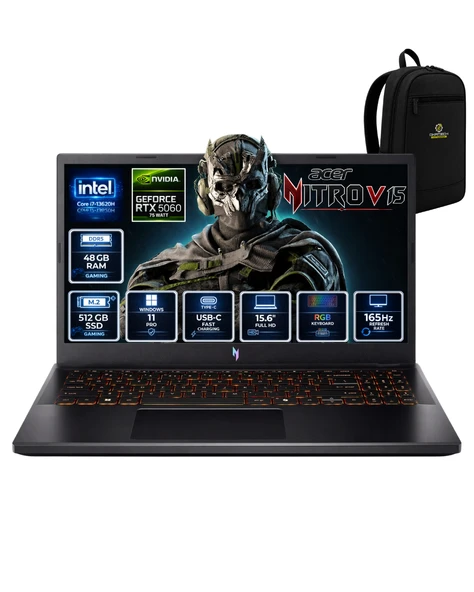 ACER NİTRO V 15 ANV15-52-76BW İ7-13620H 48 GB 512 GB SSD RTX5060 15.6" FHD WİN11PRO GAMİNG LAPTOP NH.QZ8EY.002OKA17 ürün görseli 1