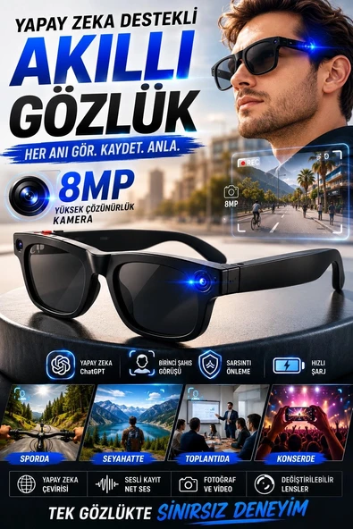 Birinci Şahıs Görüşlü 8MP Kameralı Yapay Zeka Akıllı Gözlük ChatGPT Destekli Model ürün görseli 1