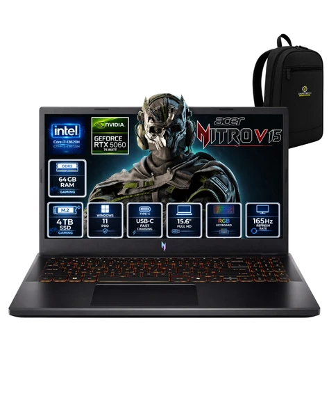 ACER NİTRO V 15 ANV15-52-76BW İ7-13620H 64 GB 4 TB SSD RTX5060 15.6" FHD WİN11PRO GAMİNG LAPTOP NH.QZ8EY.002OKA24 ürün görseli 1