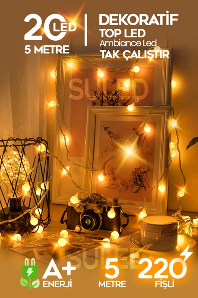 SULED Top Led Sarı Dekor Led Yılbaşı Led Işıkları 5 Mt Eklemeli Fişli Top Dize Işıklar Dekorasyon Işık ürün görseli 1