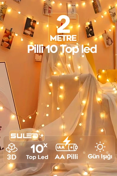 SULED 2 Metre Pilli Top LED Işık 10 LED Gün Işığı – Oda ve Ortam İçin Dekoratif Süsleme Işığı ürün görseli 1
