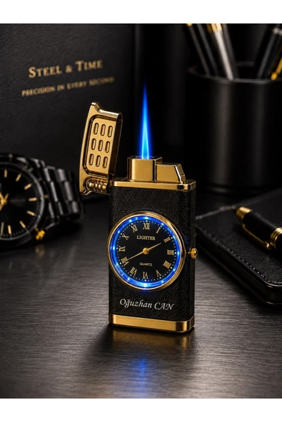 İsime Kişiye Özel Premium Saat Tasarım Jet Alevli Metal Çakmak Özel Prestij Hediye Dolu Gönderim G-F ürün görseli 1
