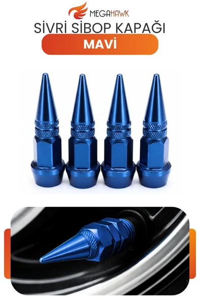Sivri Sibop Kapağı Mavi Metal 4 Lü Set Universal Lastik Sibop Koruyucu Kapak ürün görseli 1