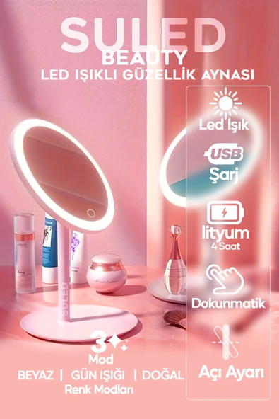 SULED Makyaj Aynası 3 Modlu Led Işıklı USB Şarjlı Yuvarlak Taşınabilir Açı Ayarlı Güzellik Aynası ürün görseli 1