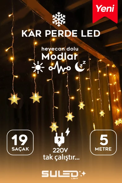 SULED Kar Tanesi 5 Metre Modlu Perde Led Işık 19 Saçak Gün Işığı 220V Fişli Dekoratif İç & Dış Mekan ürün görseli 1
