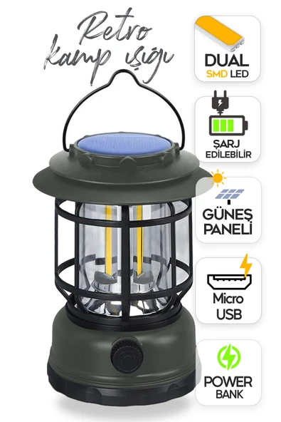 SULED Retro Kamp Lambası Fanus Fener Micro Usb Güneş Şarjlı 10w Güçlü Led Işık Power Bank Özellikli ürün görseli 1