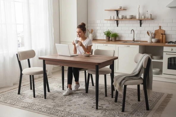 EFE MOBİLYA T-6018 KEMENÇE MDF 70X120 TEDDY KREM SANDALYE 4 KİŞİLİK MUTFAK MASA TAKIMI ürün görseli 1