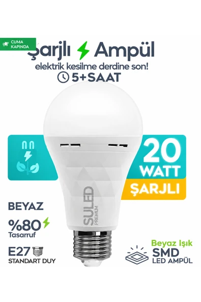 SULED Şarjlı Ampül 20w Acil Durum & Kamp Işığı 220v Beyaz Işık E27 Duy Otomatik %80 Tasarruflu ürün görseli 1