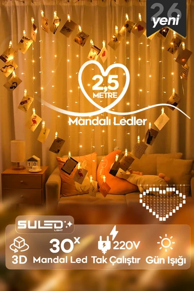 SULED Kalpli Mandallı Led Işıklar 2,5 Metre 30 Led Mandal 220V 3D Dekoratif Fotoğraf Mandalı ürün görseli 1