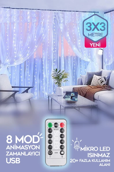 SULED Beyaz Perde Led 3x3 Metre Kumandalı 8 Mod Ambiyans Ayarlabilir Boy Dekor Mikro Led Işık Perde ürün görseli 1