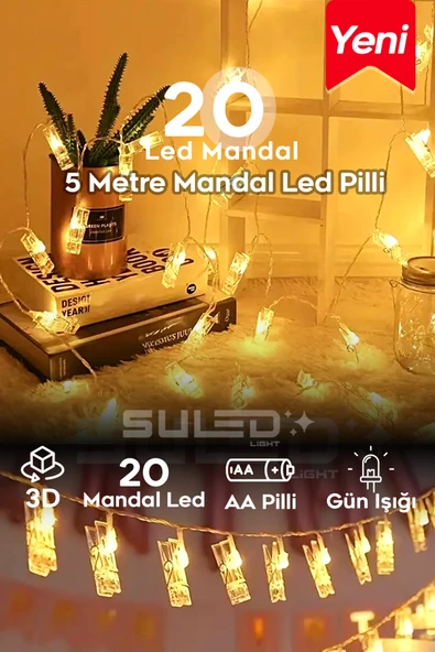 SULED 5 Metre Pilli 20 Led Mandal Işık Dekoratif Fotoğraf Not Süsleme Işığı ürün görseli 1