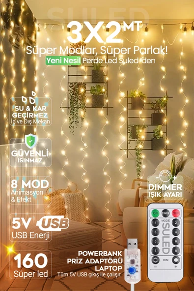 SULED Süsleme Işığı Kumandalı Perde Led 3x2Mt USB Enerjili 160 Led 8 Modlu Ayarlanabilir İç ve Dış Mekan ürün görseli 1