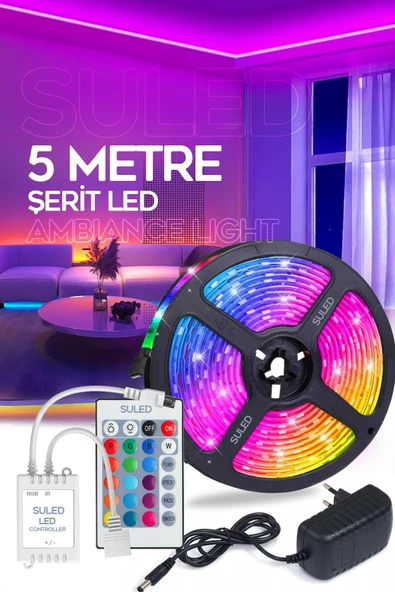 SULED Şerit Led 5 Metre Ambians Aydınlatma Kumanda & Trafolu RGB Şerit Işık Tavan Oda Işık Dekoru ürün görseli 1