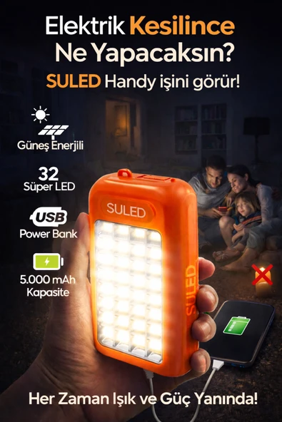 SULED Güneş Panelli Handy Power Bank Fener Işıldak 32 Süper Smd Ledli El Feneri Ev Kamp Outdoor Aydınlatma ürün görseli 1