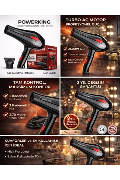 POWERKİNG 2500W Profesyonel Turbo Fön Makinası Saç Düzleştirici Şekillendirici Saç Kurutma Makinası ürün görseli 1