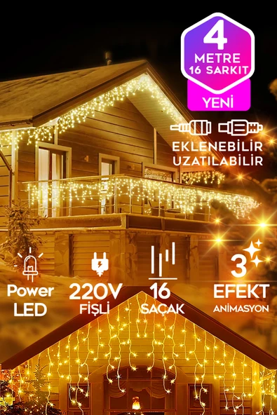 SULED Sarı Led Işık Sarkıt Efekt Modlu 4 Metre Power Led 16 Saçak Süsleme 220v Fişli ürün görseli 1