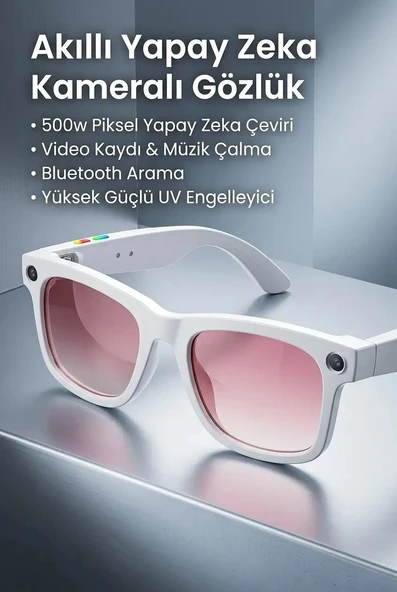 Beyaz Çerçeveli Kamera Mikrofonlu Akıllı Gözlük Bluetooth Ses Kontrolü ürün görseli 1