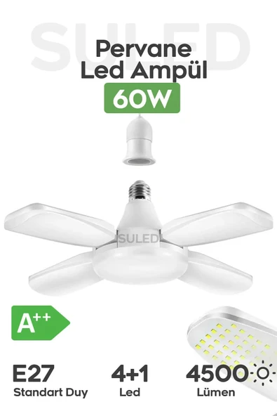 SULED Pervane Led Ampül 60W 4500 Lümen Süper Güçlü E27 Lamba A++ Beyaz Işık 4+1 ürün görseli 1