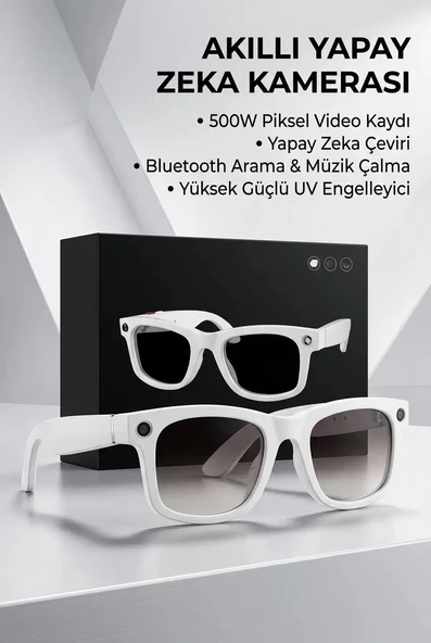 Kameralı Beyaz Akıllı Gözlük Bluetooth Yapay Zeka Asistanlı Şık Premium Ürün ürün görseli 1