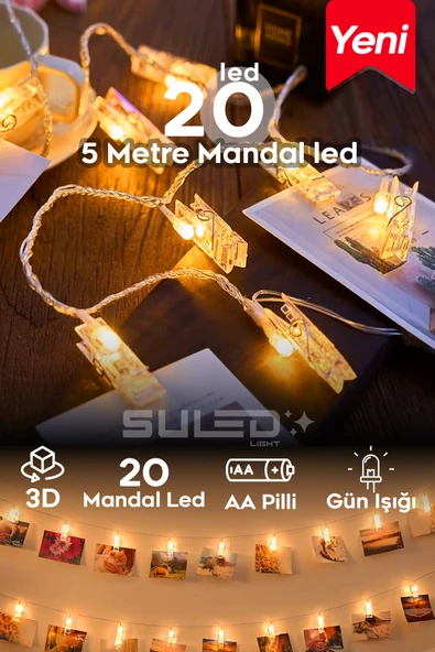 SULED 5 Metre Pilli 20 Led Mandal Işık Dekoratif Oda Fotoğraf ve Not Süsleme Işığı - Gün Işığı ürün görseli 1